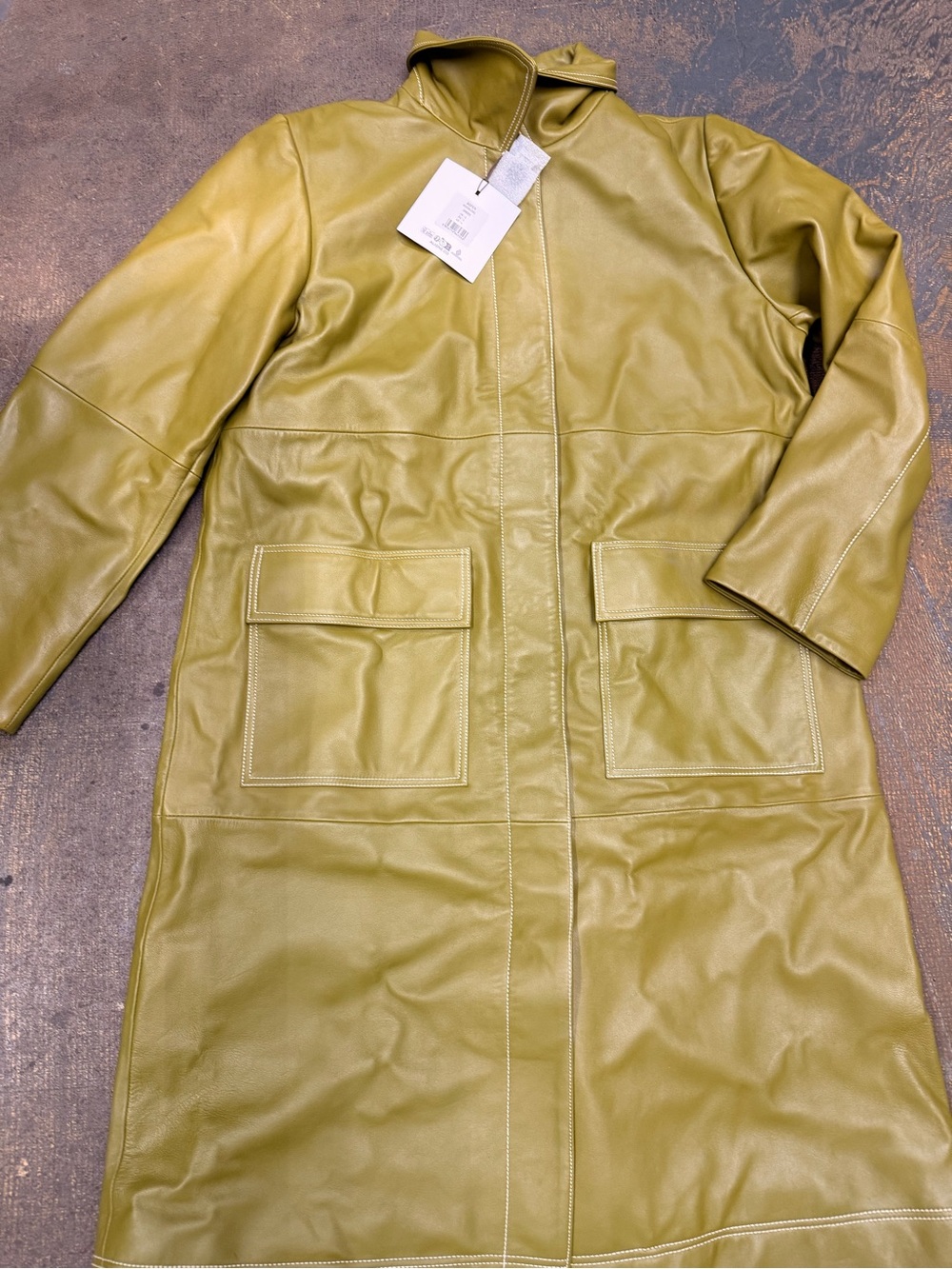 Women's Olive Long Trench Coat with Patch Pockets - Picture 2 of 4